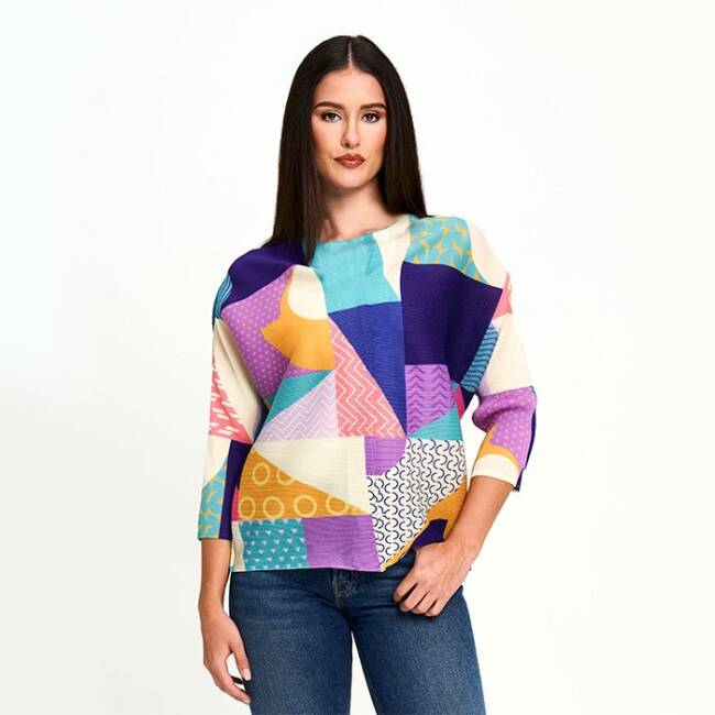 Abstract Print Plissé Top in Multi